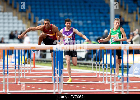 William Sharman, Yannick BUDD & David King men's 110m haies 2014 Finale Championnats britanniques Sainsbury's Alexander Stadium Birmingham UK Banque D'Images