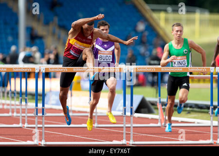 William Sharman, Yannick BUDD & David King men's 110m haies 2014 Finale Championnats britanniques Sainsbury's Alexander Stadium Birmingham UK Banque D'Images