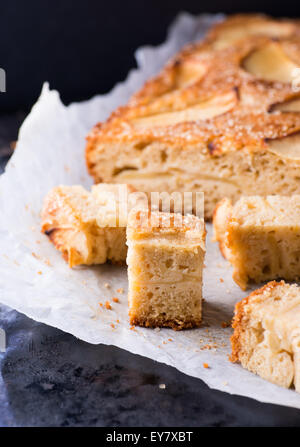 Gâteau aux pommes faite maison, cuire les tranches sur le plateau, fond métal, gros plan, selective focus Banque D'Images