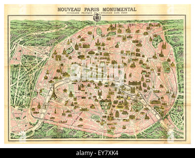 Plan Paris monumental historique Années 1900 ancienne carte d'importants monuments et bâtiments dans le centre de Paris, France Banque D'Images