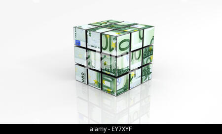 Billets en euros le rubiks cube unfinished sur fond blanc Banque D'Images