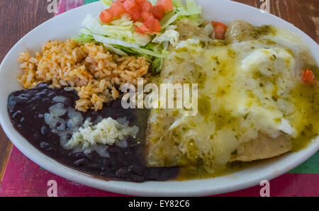 Les enchiladas Suizas avec du poulet, de la crème et vert sauce chili, et avec les haricots noirs, le riz brun et salade Banque D'Images