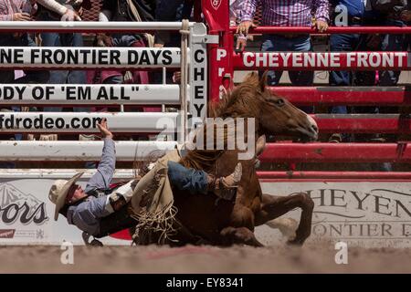 Wyoming, États-Unis. 23 juillet, 2015. Un rodeo rider descend avec son cheval au cours de voltige au Cheyenne Frontier Days à Frontier Park Arena le 23 juillet 2015 à Cheyenne, Wyoming. Frontier Days célèbre les traditions de l'ouest cowboy avec un rodéo, défilé et juste. Banque D'Images