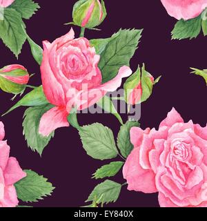 Peint à la main parfaite illustration floral romantique avec des roses et les bourgeons sur fond noir Banque D'Images