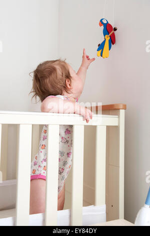 Baby Girl standing à l'intérieur de son lit pour atteindre un jouet suspendu Banque D'Images