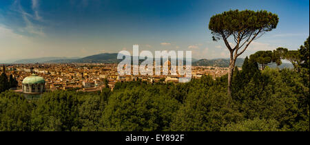 Vue panoramique de Florence. Vue depuis les jardins de Boboli, avec le dôme vert de la Kaffeehaus et le pin de pierre en premier plan. Italie Banque D'Images