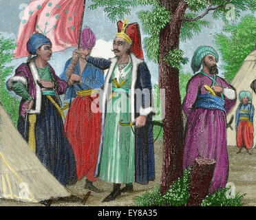 Janissaires. Les unités d'infanterie d'élite qui a formé le Sultan Ottoman, des soldats et des gardes du corps. La gravure. 19e siècle. De couleur. Banque D'Images