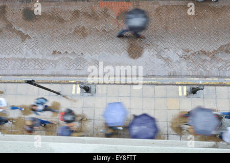 Westminster, London, UK. 24 juillet 2015. Météo britannique. La pluie à Londres en tant que touristes et gastronome de couvrir sous des parasols. Crédit : Matthieu Chattle/Alamy Live News Banque D'Images