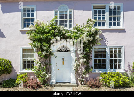 L'immobilier au Royaume-Uni : les roses blanches autour de la porte d'une jolie propriété maison de ville rose, un village de Cerne Abbas dans le Dorset, au sud-ouest de l'Angleterre en été Banque D'Images