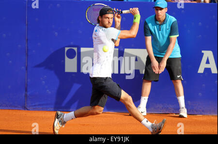 Umag, Croatie. 24 juillet, 2015. Joao Sousa (Portugal) au cours du match Fognini v Sousa au 26e ATP Konzum Croatie Umag Open tournoi au Stadion Stella Maris, le 24 juillet 2015 à Umag. Credit : Andrea Spinelli/Alamy Live News Banque D'Images