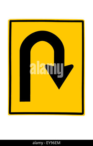 U-Turn Roadsign - route jaune signe avec symbol isolé sur fond blanc Banque D'Images