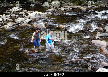 Couple à gué entre les rochers de Laurel Creek, Parc national des Great Smoky Mountains Banque D'Images