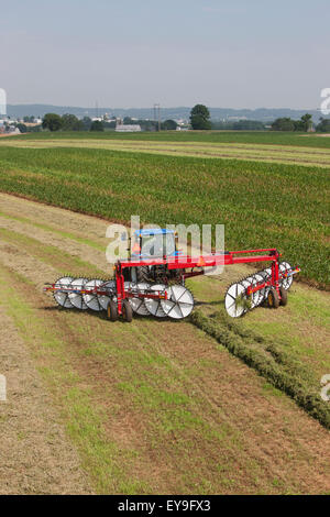 New Holland T5040 avec H5980 ; râteau à roues New Holland, Michigan, United States of America Banque D'Images