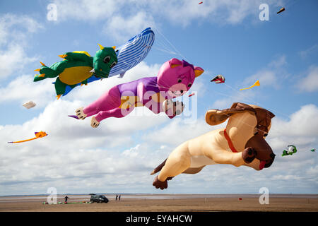 Chien, ours en peluche et les baleines au St Annes Kite Festival, Lytham-St-Annes, Lancashire, UK, le 25 juillet 2015. Le ciel au-dessus du front inondé de couleur que de fabuleux grand écran de cerfs-volants géants pour prendre l'air sur la plage adjacente à l'embarcadère. Le festival a présenté une seule ligne, double ligne, quad line et power kites, manche, soft, gonflables, des bannières, et sur roues de toutes formes et tailles à l'aide d'une variété de tissus Kitesurf : Crédit Mar Photographics/Alamy Live News Banque D'Images