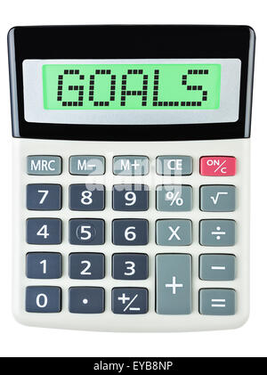 Calculatrice avec affichage sur objectifs isolé sur fond blanc Banque D'Images