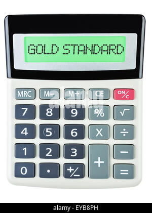 Avec la calculatrice standard de l'or sur l'écran sur fond blanc Banque D'Images