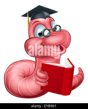 Une illustration d'un happy cute cartoon mascot worm caterpillar portant des lunettes et graduation hat et la lecture d'un livre Banque D'Images