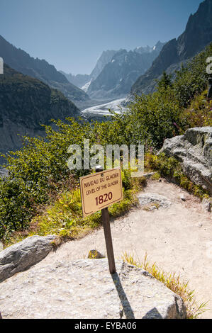 Signal indiquant la Mer de Glace. Au niveau du Glacier en 1820. Alpes françaises. Chamonix. La France. Banque D'Images