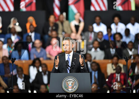 (150726) --NAIROBI, le 26 juillet 2015(Xinhua) -- Le président américain Barack Obama prononce un discours lors de sa visite à Nairobi, Kenya, le 26 juillet 2015. Obama s'est rendue au Kenya, le lieu de naissance de son père pour la première fois en tant que président du vendredi au dimanche. (Xinhua/Sun Ruibo)(l'azp) Banque D'Images