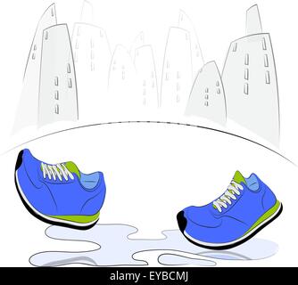 Chaussures de marche à travers les flaques d'eau dans la ville. Vector illustration Illustration de Vecteur