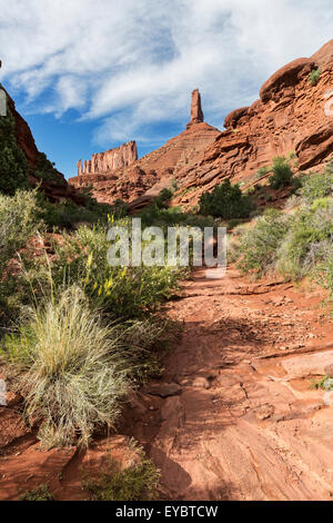 Buttes de grès de Wingate, Castleton Tower et le prêtre et les religieuses aka : le presbytère, le château, la vallée de Moab, Utah Banque D'Images