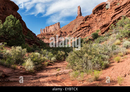 Buttes de grès de Wingate, Castleton Tower et le prêtre et les religieuses aka : le presbytère, le château, la vallée de Moab, Utah Banque D'Images