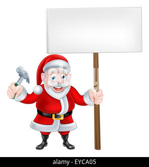 Un dessin animé de noël santa claus holding d'un marteau et d'un panneau Banque D'Images