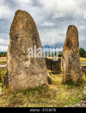 Tiya mégalithique des piliers de pierre, Site du patrimoine mondial de l'UNESCO à Addisabéba, près de l'Éthiopie. Banque D'Images