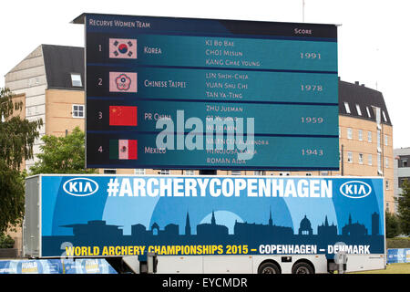 Copenhague, Danemark, le 27 juillet, 2015. Top 4 résultats pour les femmes (arc classique) à la ronde de qualification, au cours des Championnats du Monde de Tir à Copenhague Crédit : OJPHOTOS/Alamy Live News Banque D'Images