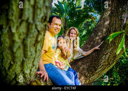 Portrait of mature couple et la fille assis sur la branche d'arbre de jardin Banque D'Images