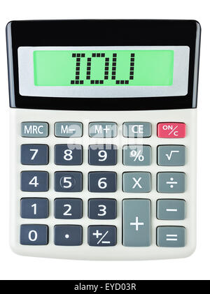 Calculatrice avec affichage sur IOU isolé sur fond blanc Banque D'Images