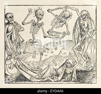 'Danse de la mort' (alias 'danse macabre') d'après 'Liber Chronicarum' de Hartmann Schedel (1440-1514) publié en 1493, gravure sur bois de Michael Wolgemut (1434-1519). Photographie de 1493 première édition en latin publiée à Nuremberg, Allemagne. Crédit : Collection privée/AF Fotografie Banque D'Images