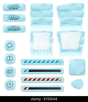 Illustration d'une série de jeu d'interface utilisateur design dessin animé de glace et éléments en verre y compris des banderoles, panneaux, boutons, barre de charge et un Banque D'Images