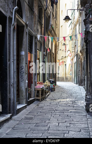 Allée piétonne vide pittoresques ruelles pavées de pierre rectangulaires entre les anciens bâtiments résidentiels, à Gênes, ita Banque D'Images