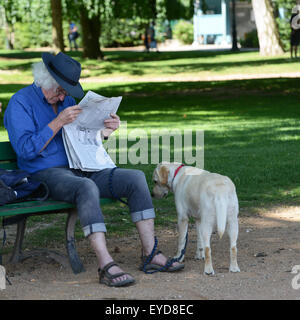 Man reading newspaper in parc public Annecy France French Banque D'Images