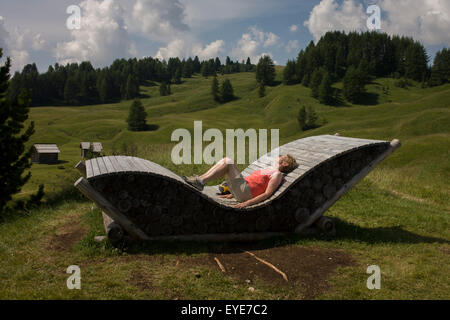 Siège de repos fabriqué à partir de journaux dans l'Pralongià San Cassiano-St ci-dessus. Kassian dans les Dolomites, le Tyrol du sud, Italie du nord. En hiver, l'Pralongià meadows sont le coeur de l'Alta Badia ski du domaine. Banque D'Images
