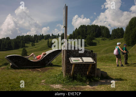 Siège de repos fabriqué à partir de journaux dans l'Pralongià San Cassiano-St ci-dessus. Kassian dans les Dolomites, le Tyrol du sud, Italie du nord. En hiver, l'Pralongià meadows sont le coeur de l'Alta Badia ski du domaine. Banque D'Images
