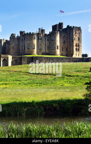 Château d'Alnwick et de la rivière Aln un soir d'été Alnwick Northumberland England Banque D'Images