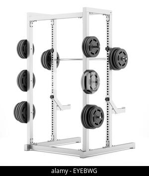 Salle de sport avec demi-rack barbell isolé sur fond blanc Banque D'Images