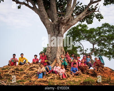 Les villageois se sont réunis sous un grand arbre dans Kumpur, Dhadhing, Népal Banque D'Images