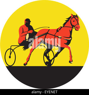 Illustration d'un horse and jockey harness racing vu du côté situé à l'intérieur du cercle sur fond isolé fait en style rétro. Banque D'Images