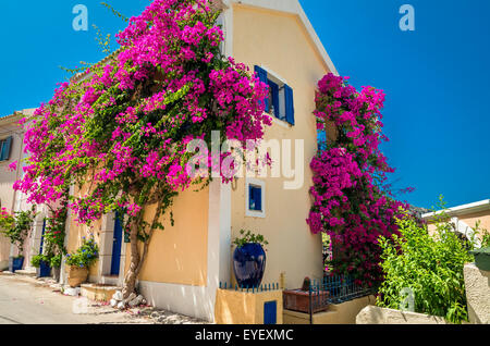Maison traditionnelle grecque avec fleurs magenta à Assos village de pêcheurs, l'île de Céphalonie, Grèce. Banque D'Images