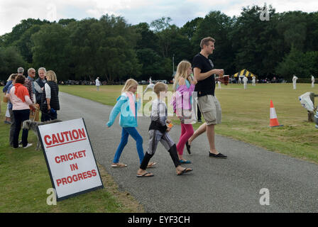 La vie de famille en Grande-Bretagne, le jeu de cricket du village est en cours.Père et trois enfants portant des verres de groupe de spectateurs bavardant.Sussex Royaume-Uni 2015 2010 HOMER SYKES Banque D'Images