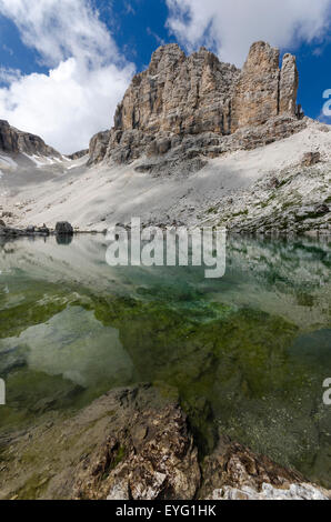 Dolomites Italie Groupe Sella Pisciadù Lac alpin bg. : Sas da Lech 2936m Banque D'Images