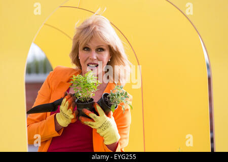 Londres, Royaume-Uni. 29 juillet 2015. Sur la photo : Joanna Lumley travaillant sur une aire de répartition. L'actrice Joanna Lumley et Marks & Spencer chef Marc Bolland lancer de nouveaux M&A quelque chose de bon de l'initiative 'Spark', qui vise à inspirer la nation à donner du temps à leurs collectivités locales. Les deux se tenait sur un toit non utilisés s'apprête à devenir une communauté de jeu. C'est l'un des 24 projets qui seront transformés dans toute la capitale en seulement 24 heures par M&S des employés, des clients et de la communauté locale. Photo : Nick Savage/Alamy Live News Banque D'Images