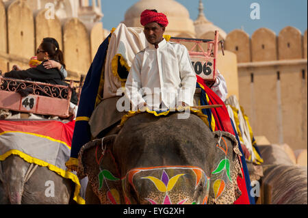L'Inde, Rajasthan, éléphants monter ou descendre une voie à Fort Amber Jaipur ; Banque D'Images