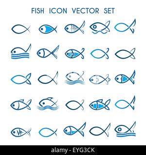 L'icône de poisson ou le jeu de symboles. Icônes monochromes et poissons colorés. Isolé sur fond blanc. Illustration de Vecteur