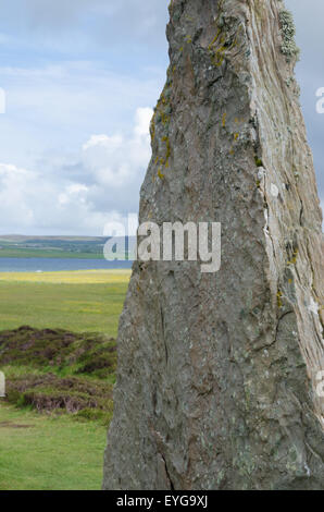 Gros plan d'un des mégalithes néolithiques à l'anneau de Shetlands, îles Orkney, Écosse, Royaume-Uni, Europe. Banque D'Images