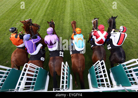 Hambourg, Allemagne, chevaux et jockeys au début d'une course de chevaux Banque D'Images