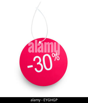 Tag d'escompte de 30  % sur contre fond blanc. Chemin de détourage sur tag et bande de suspension Banque D'Images